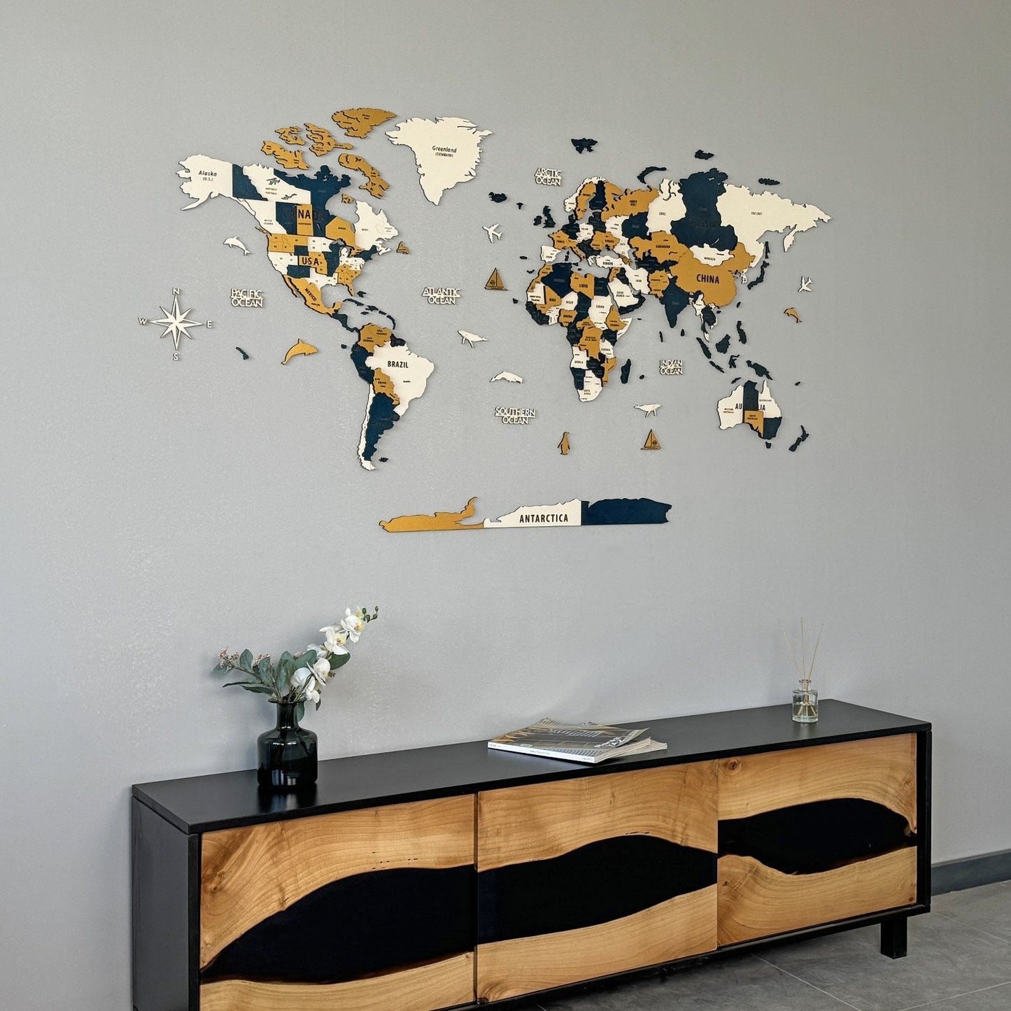 Wood Map - Large Wooden World Map Wall Art for Living Room