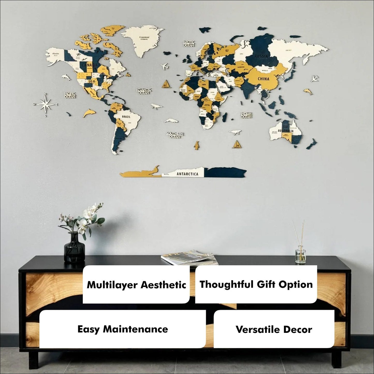 Wood Map - Large Wooden World Map Wall Art for Living Room