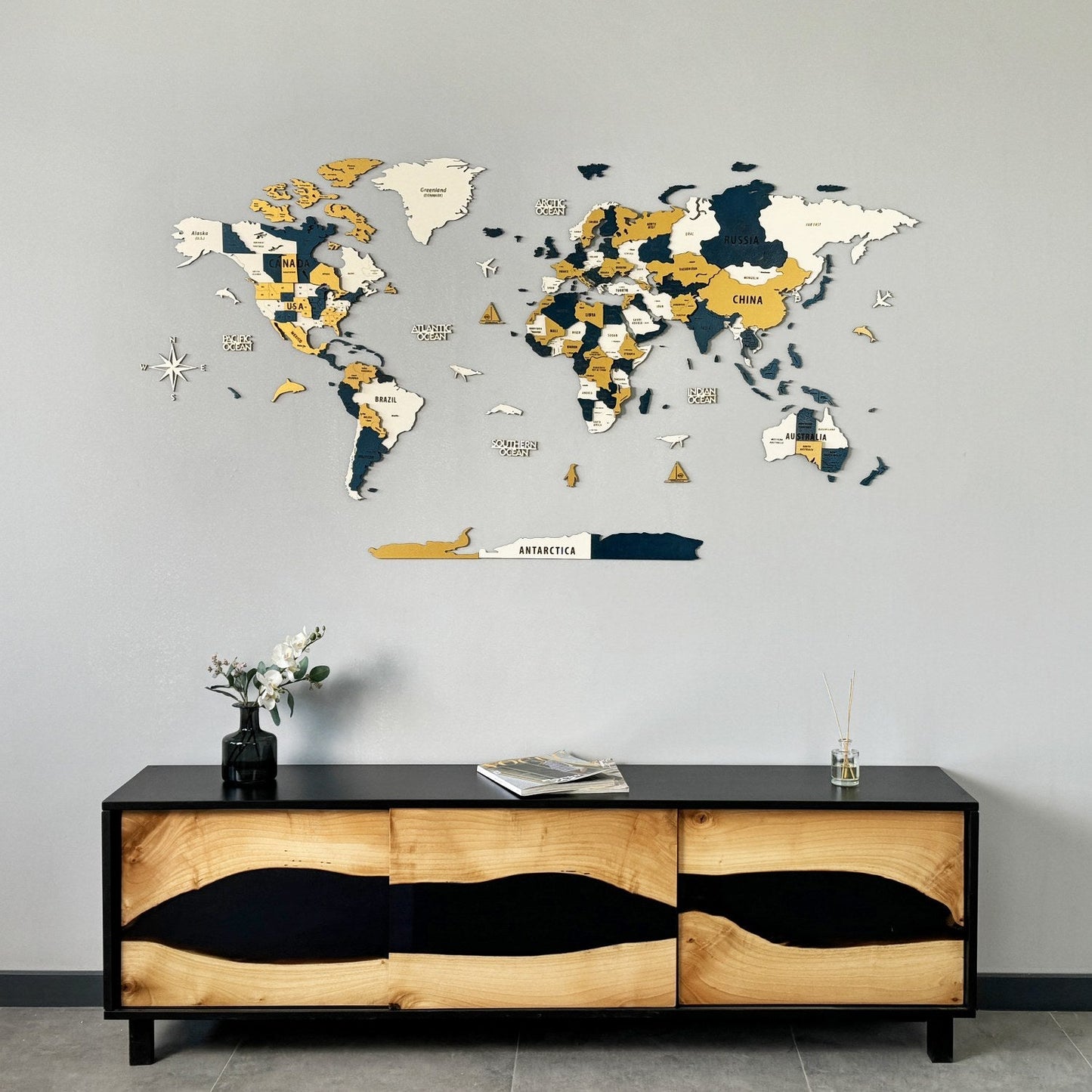 Wood Map - Large Wooden World Map Wall Art for Living Room