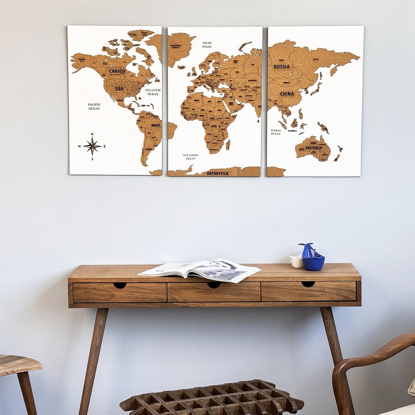 Wooden Cork World Map with Pins - Add Travel Photos (White)