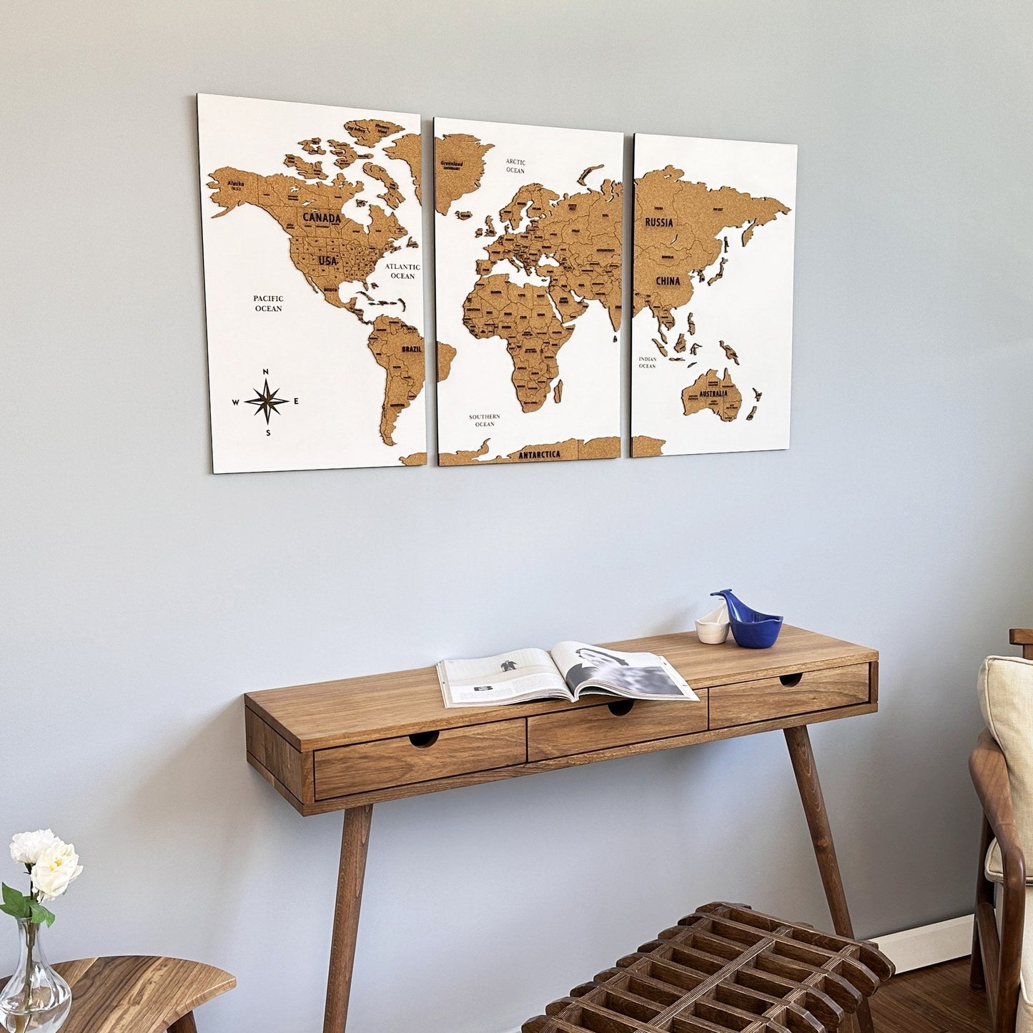 Wooden Cork World Map with Pins - Add Travel Photos (White)