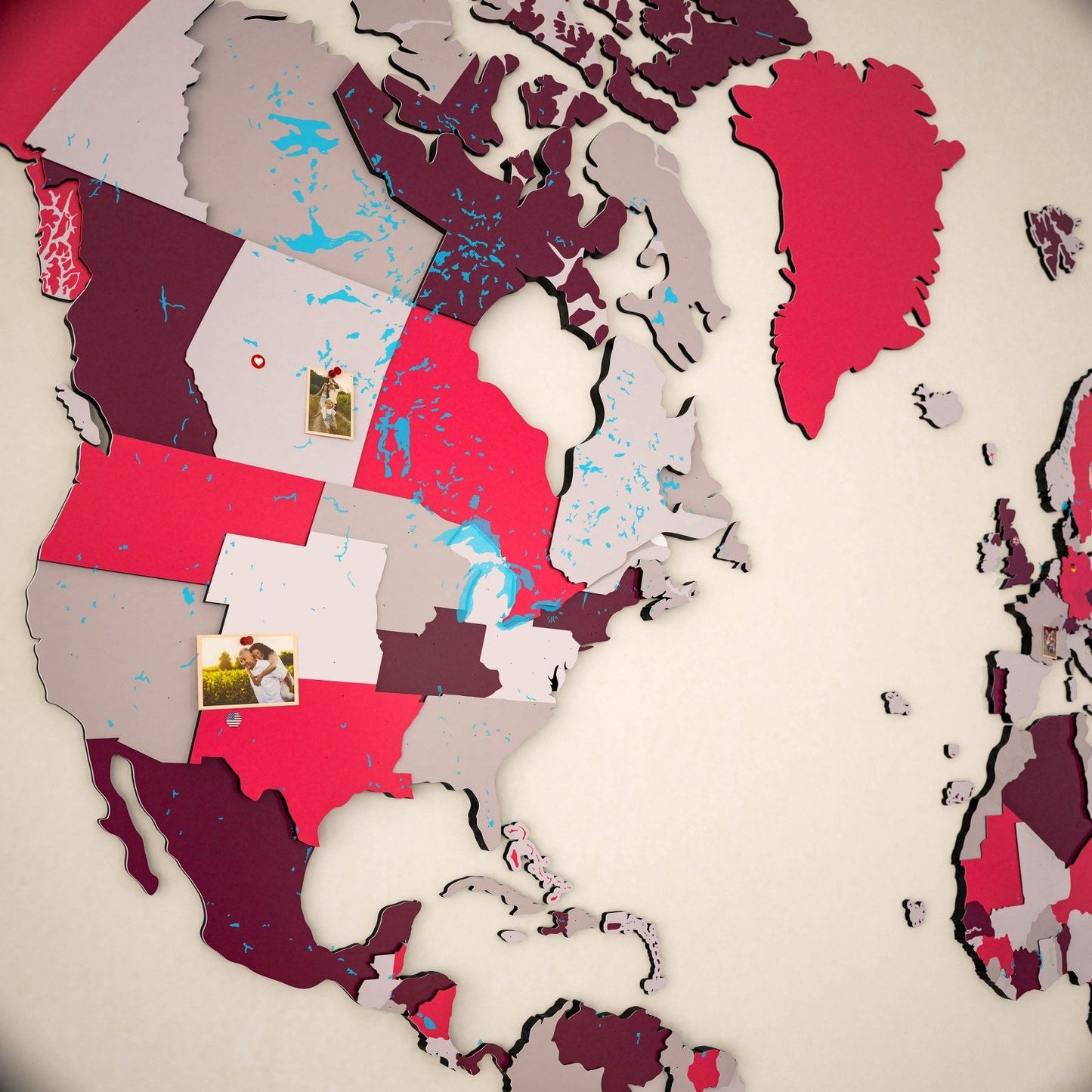 World Map Wall Art - UV Print on Wood, Vibrant Colors and 3D (Crimson)