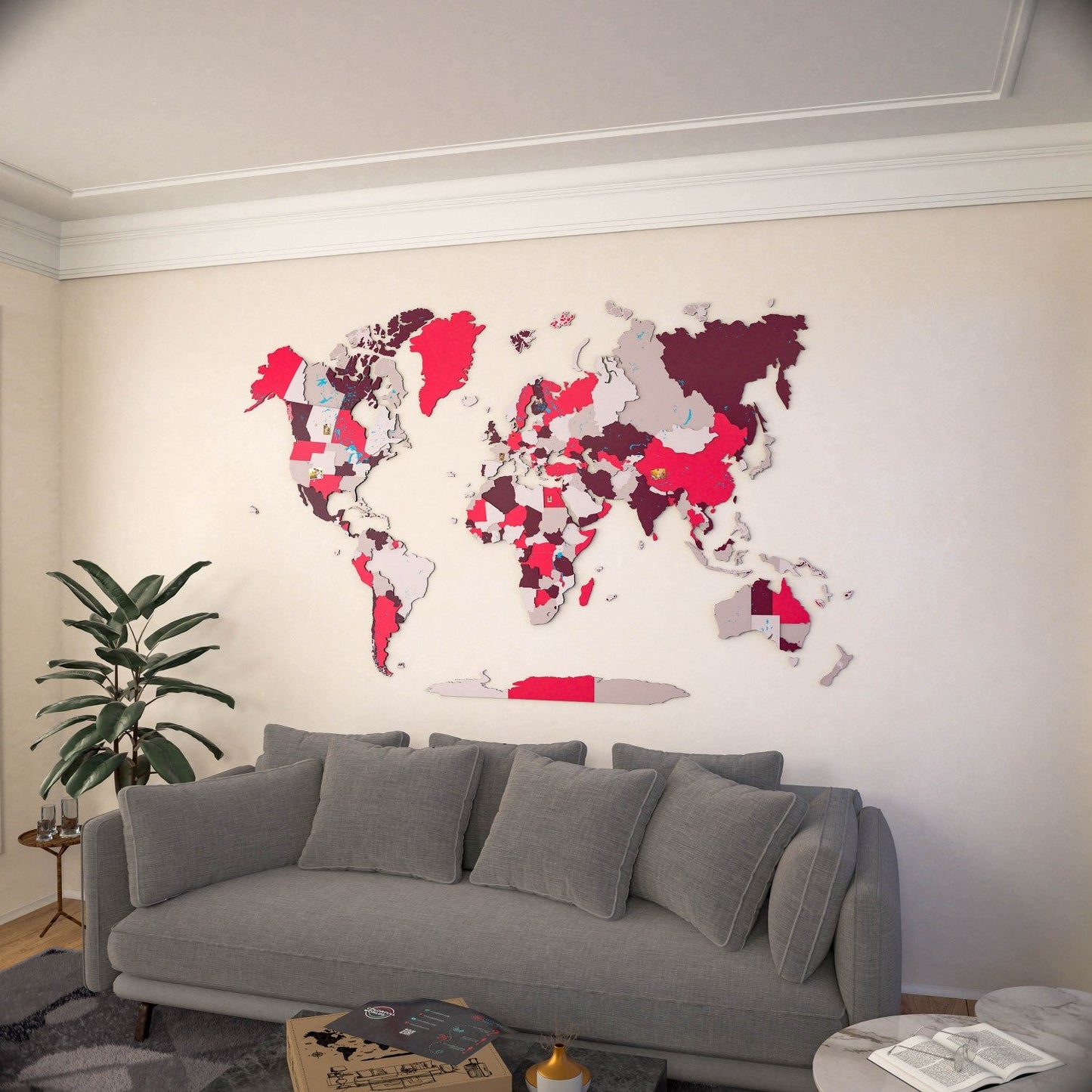 World Map Wall Art - UV Print on Wood, Vibrant Colors and 3D (Crimson)