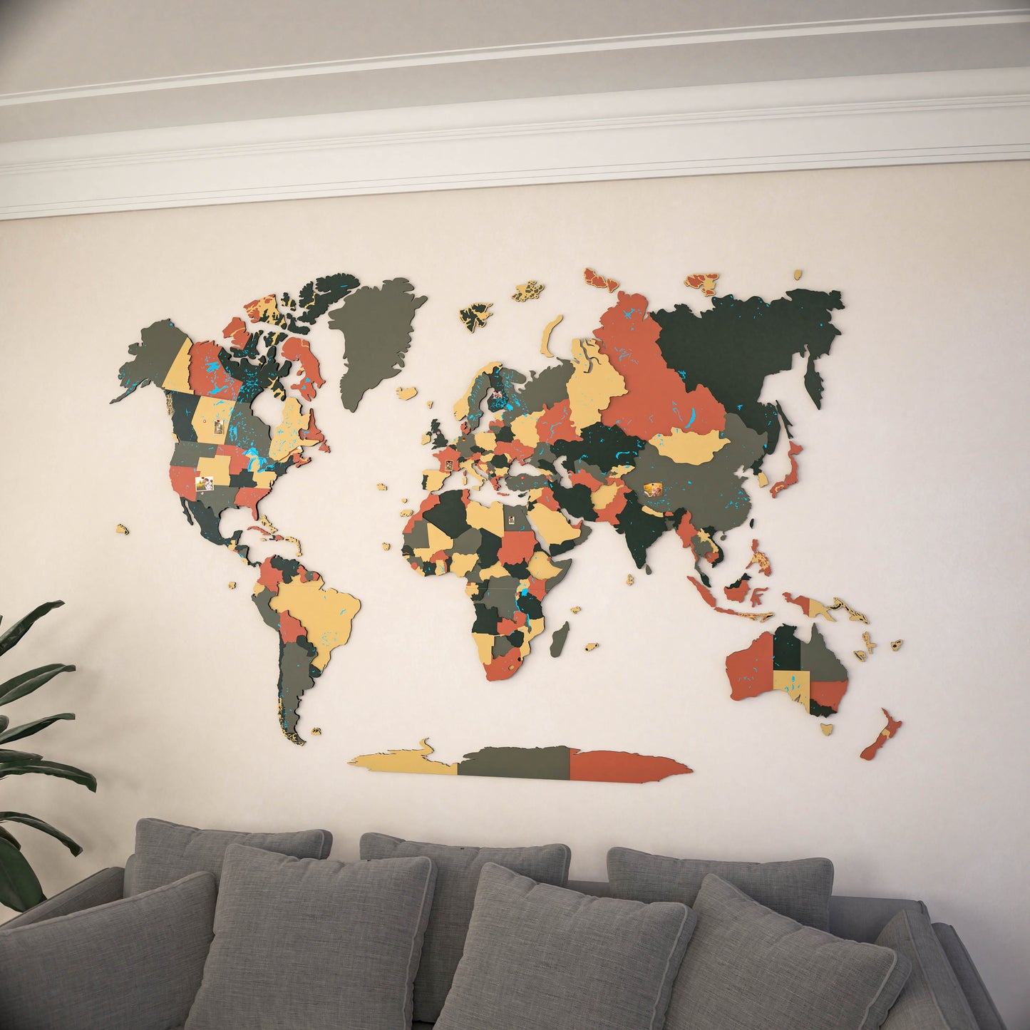 Map of the World Art for Wall - 3D & Vibrant Colors (Sage)