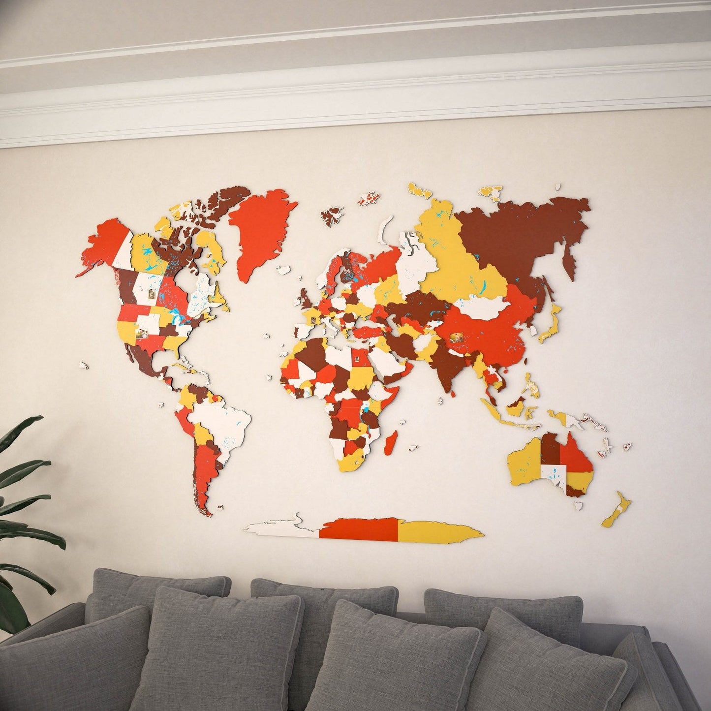 3D Wooden World Map - Vibrant Colors & Push Pins (Terracota)