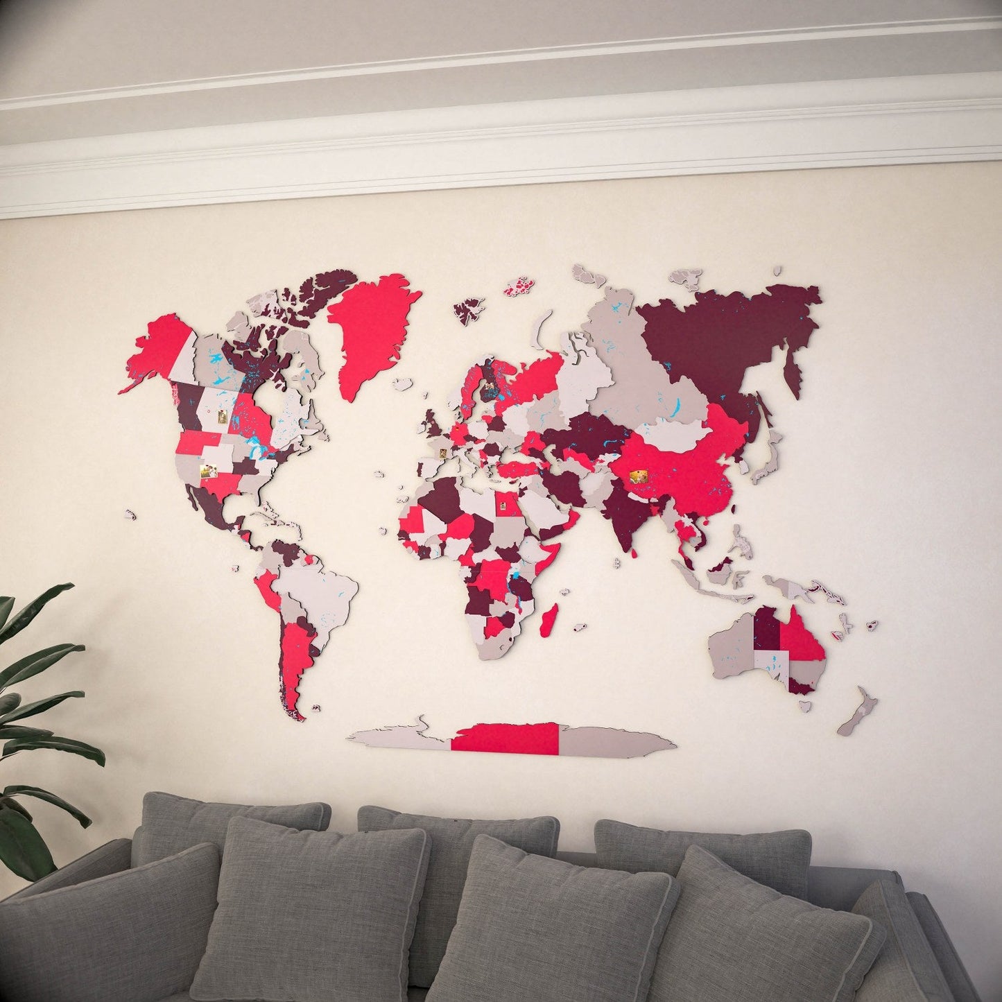 World Map Wall Art - UV Print on Wood, Vibrant Colors and 3D (Crimson)