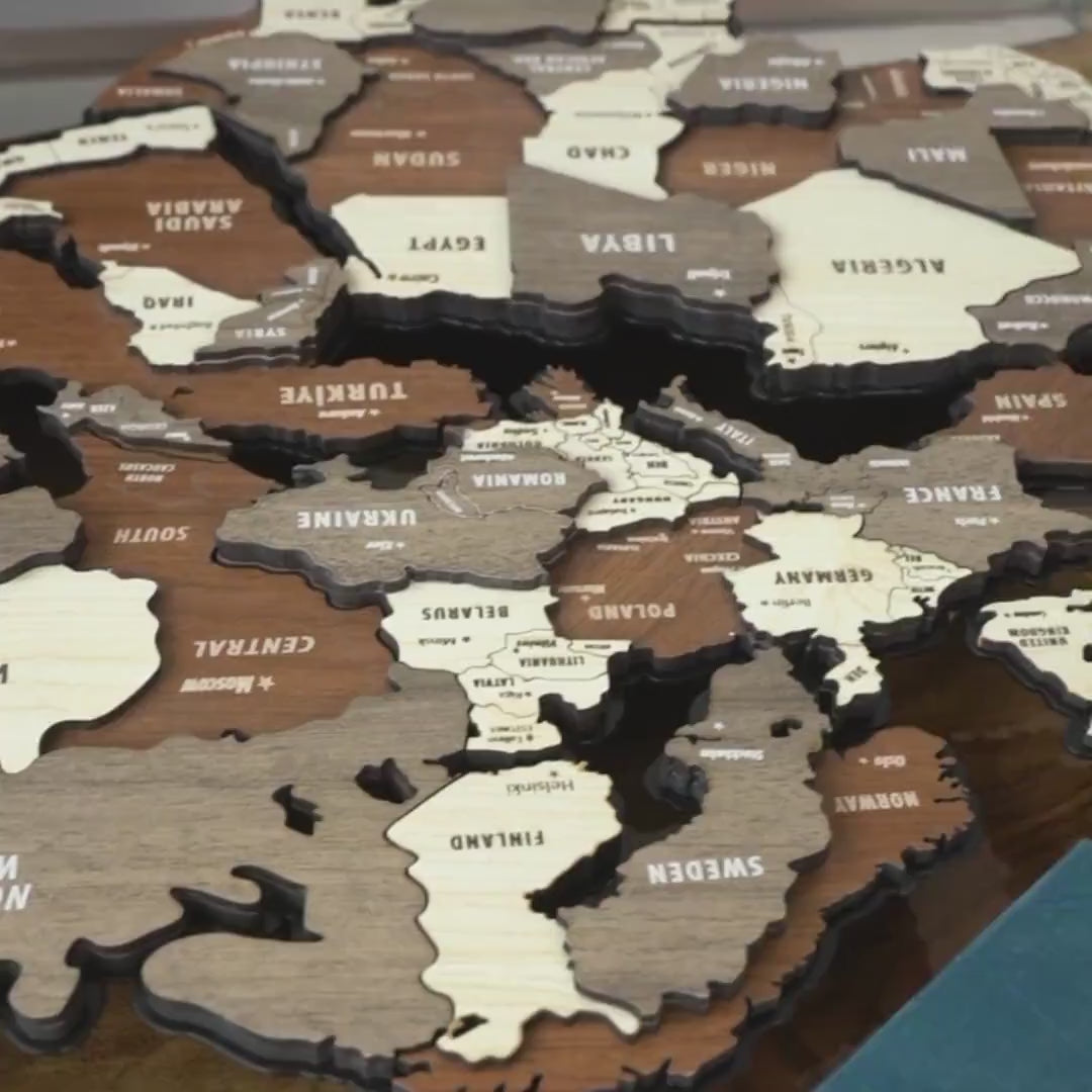Wooden World Map Puzzle - 3d Wood Push Pin Maps, Wooden on Metal