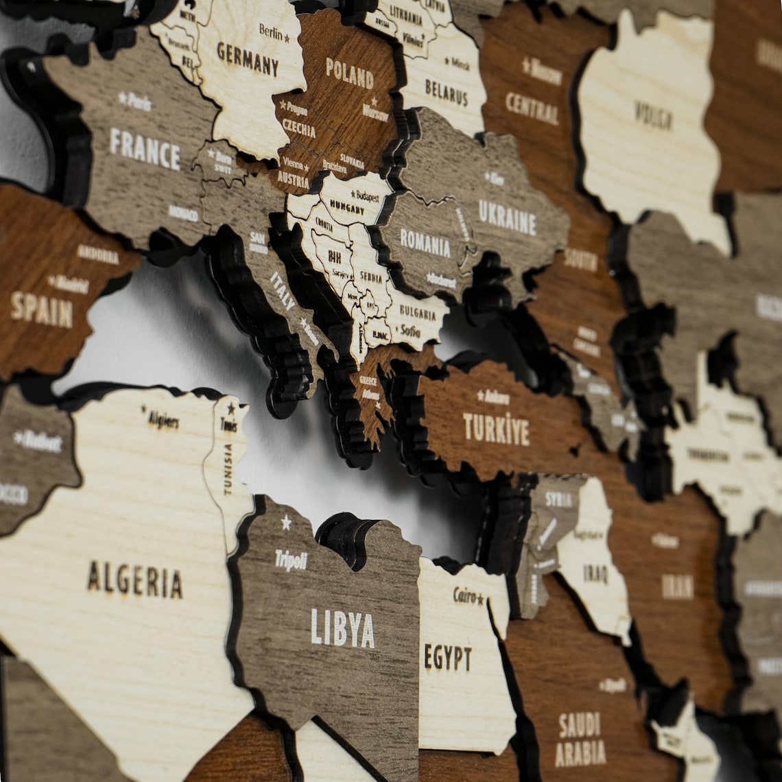 Wooden World Map Puzzle - 3d Wood Push Pin Maps, Wooden on Metal