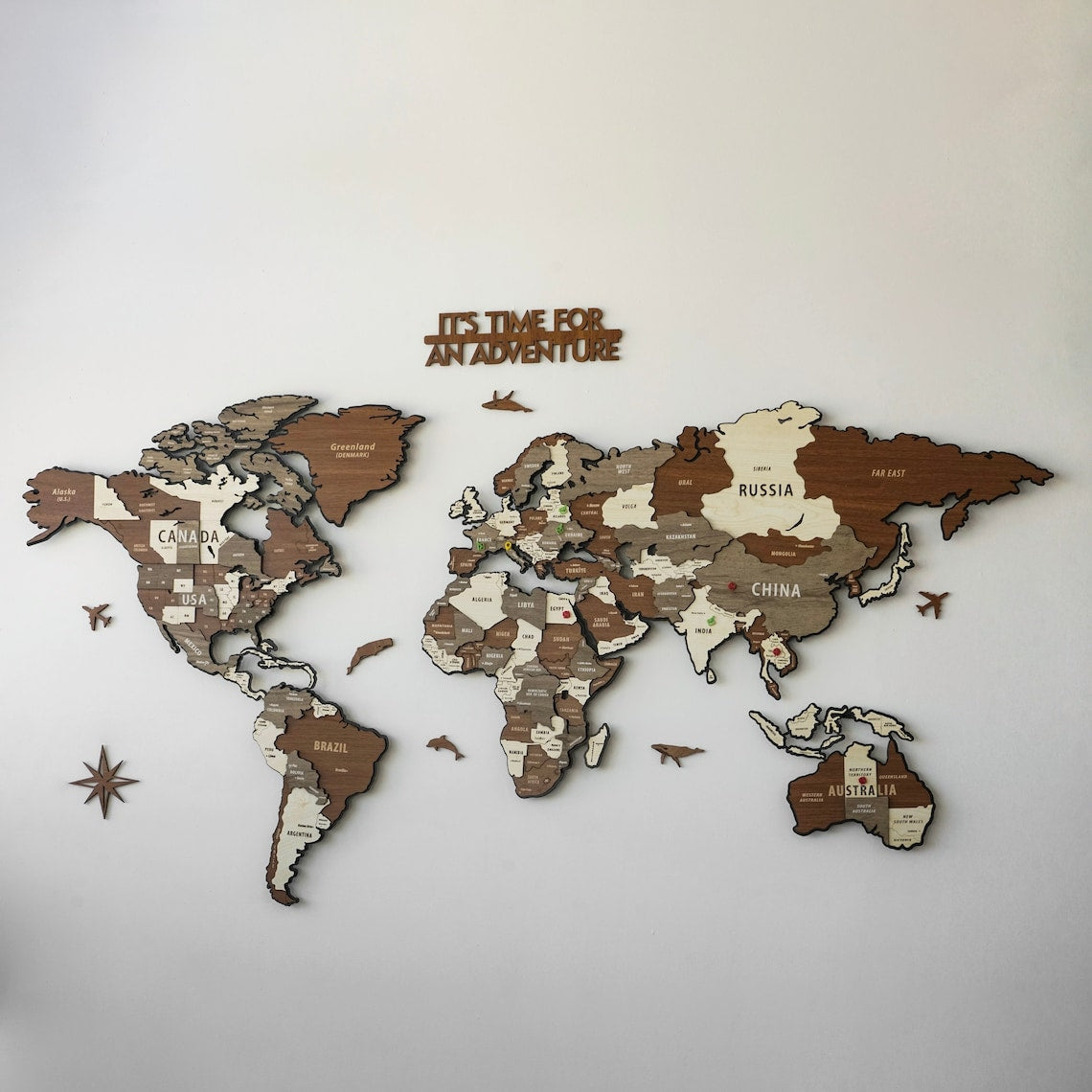 Wooden World Map Puzzle - 3d Wood Push Pin Maps, Wooden on Metal