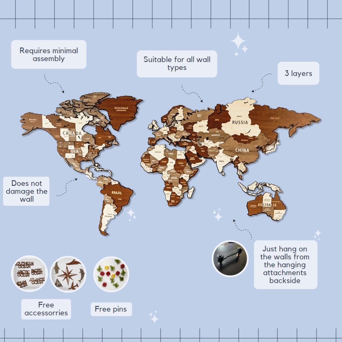 Wooden World Map Puzzle - 3d Wood Push Pin Maps, Wooden on Metal