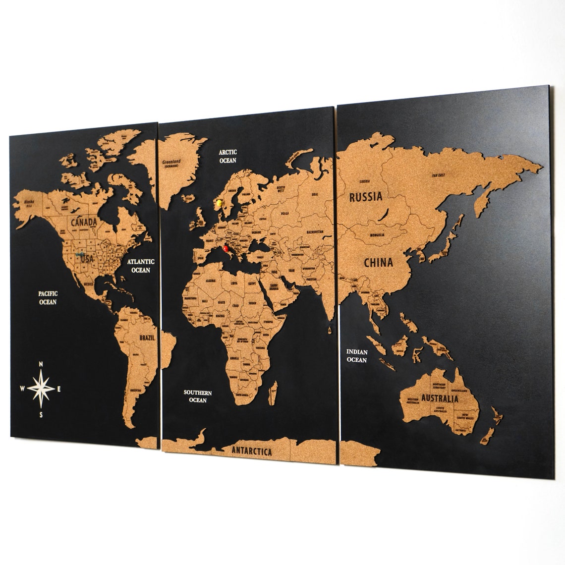 Wooden Cork World Map with Pins - Add Travel Photos