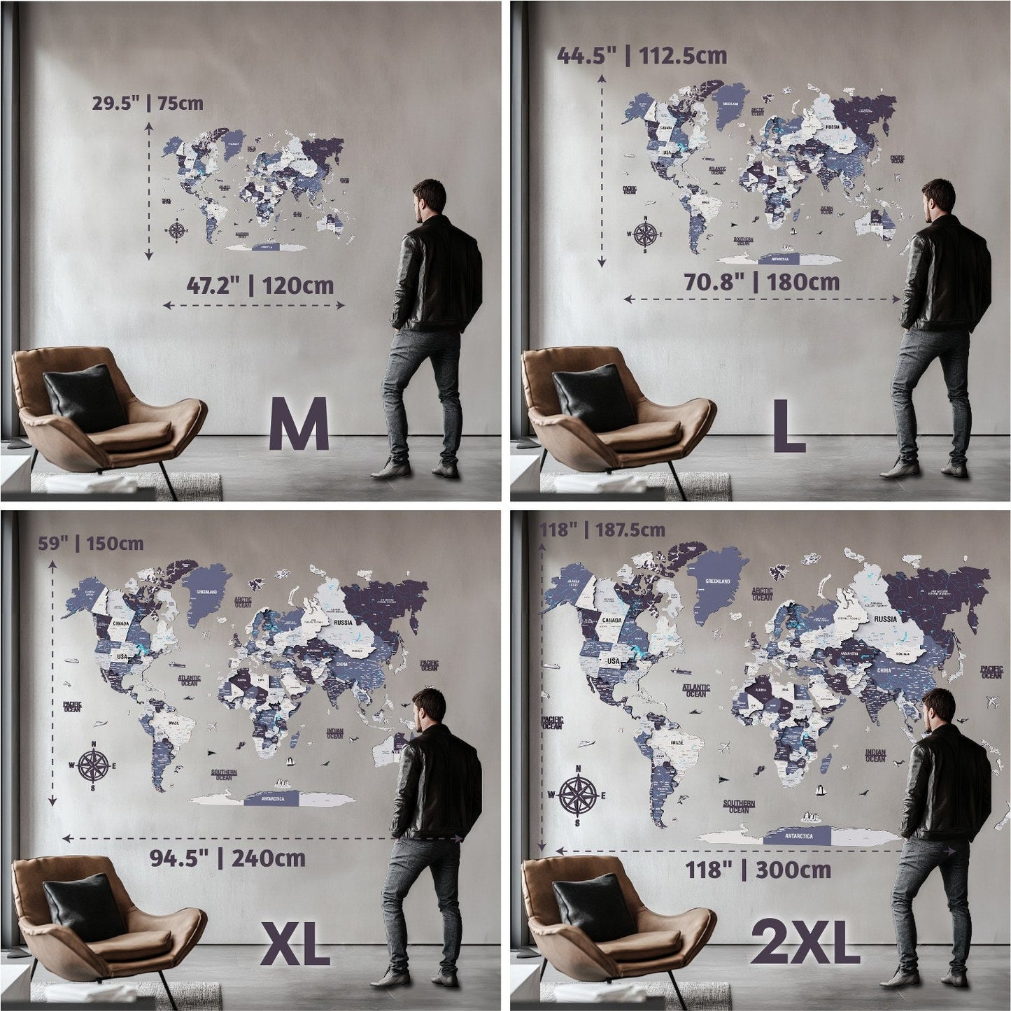 World Map Wall Art - UV Print on Wood, Vibrant Colors and 3D (Crimson)
