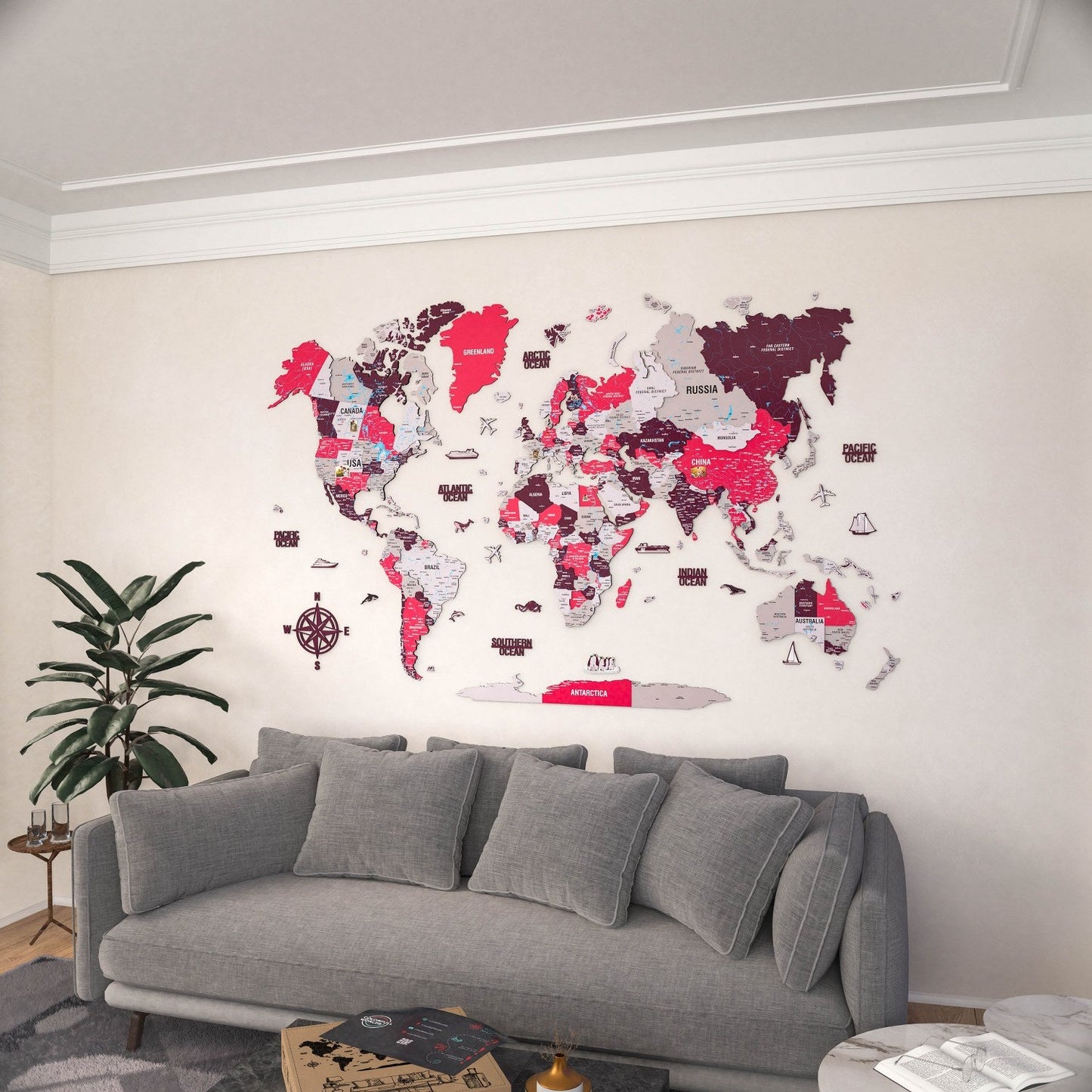 World Map Wall Art - UV Print on Wood, Vibrant Colors and 3D (Crimson)