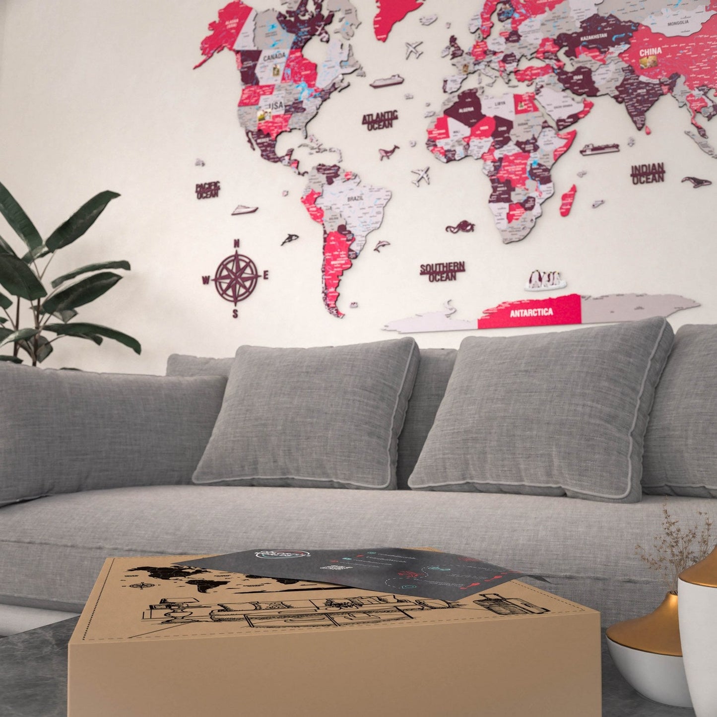 World Map Wall Art - UV Print on Wood, Vibrant Colors and 3D (Crimson)