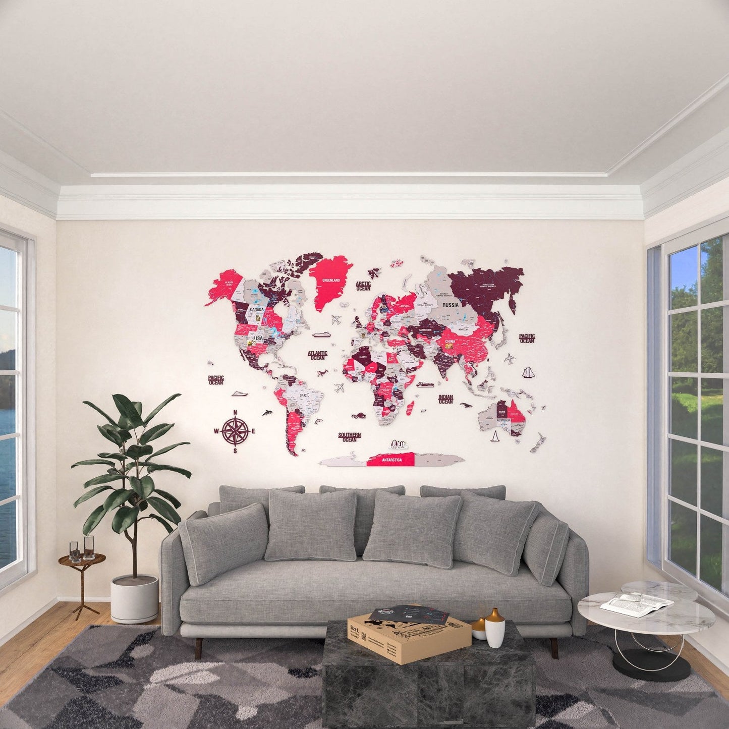 World Map Wall Art - UV Print on Wood, Vibrant Colors and 3D (Crimson)