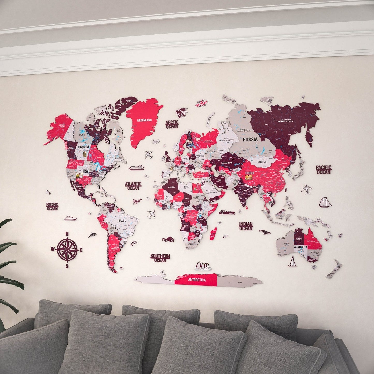 World Map Wall Art - UV Print on Wood, Vibrant Colors and 3D (Crimson)