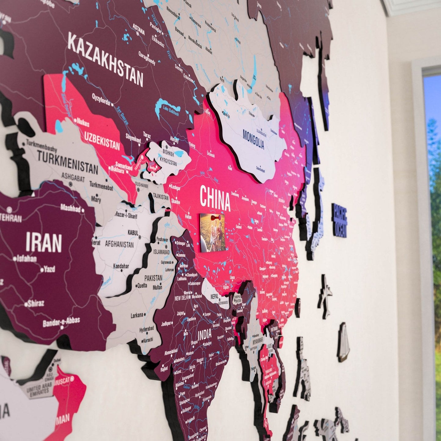 World Map Wall Art - UV Print on Wood, Vibrant Colors and 3D (Crimson)