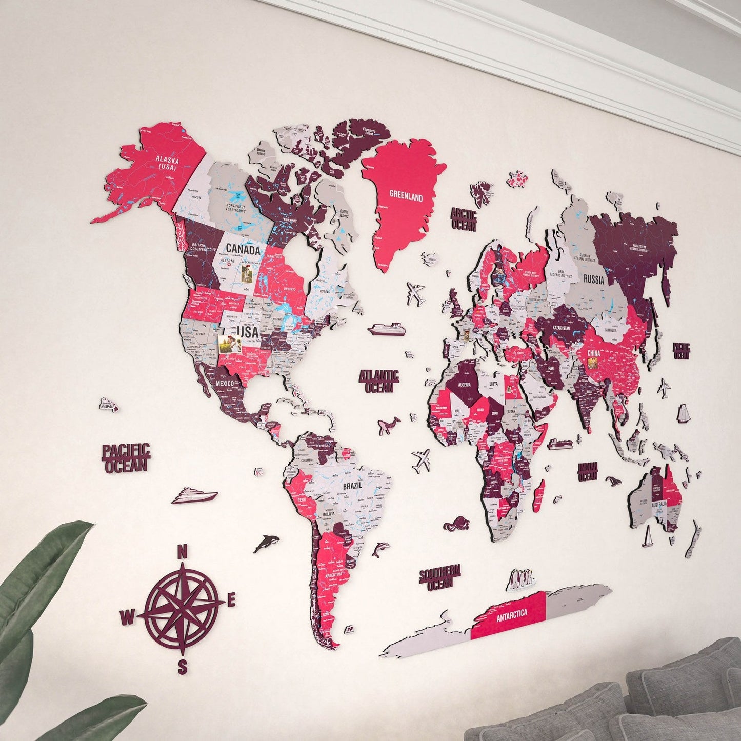 World Map Wall Art - UV Print on Wood, Vibrant Colors and 3D (Crimson)