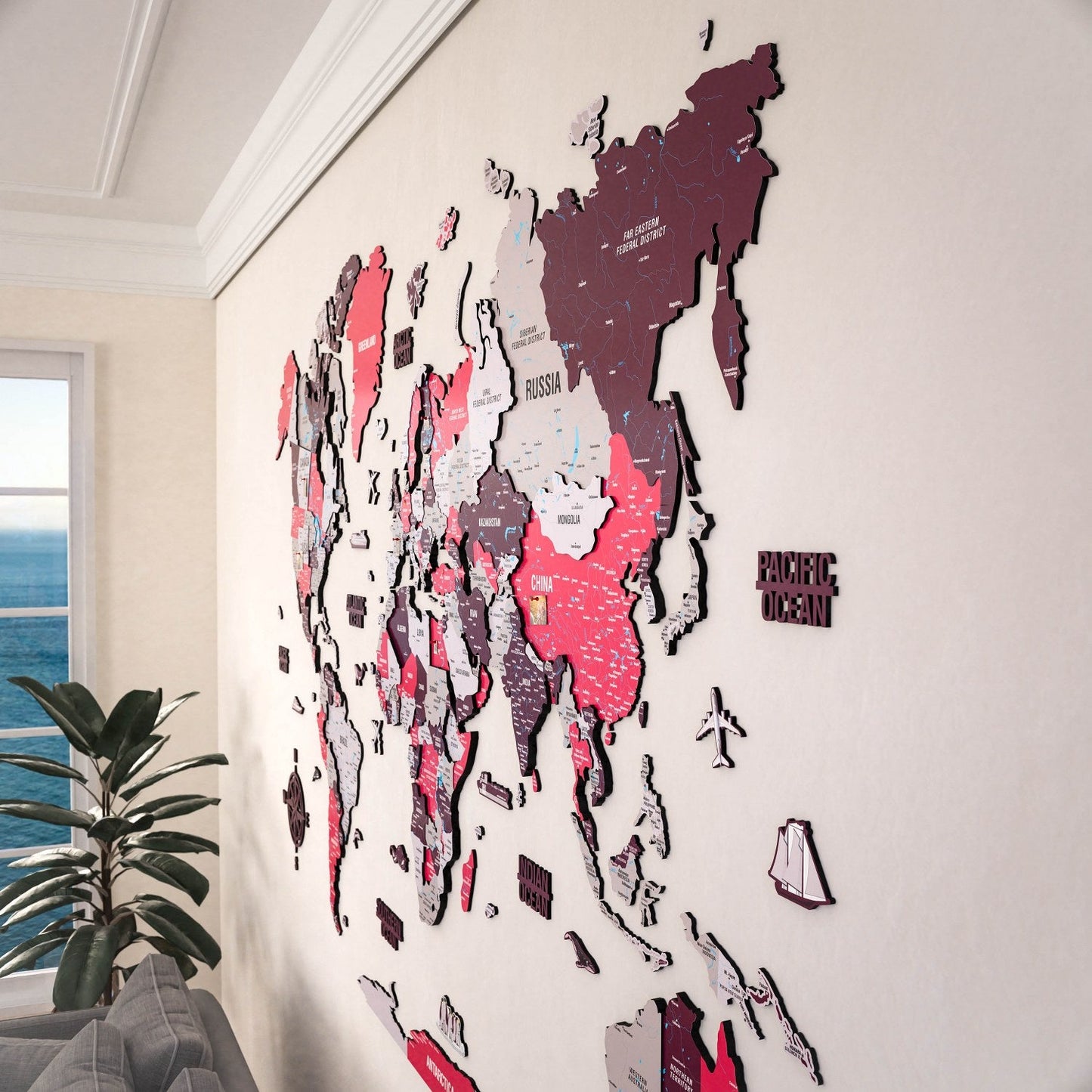 World Map Wall Art - UV Print on Wood, Vibrant Colors and 3D (Crimson)