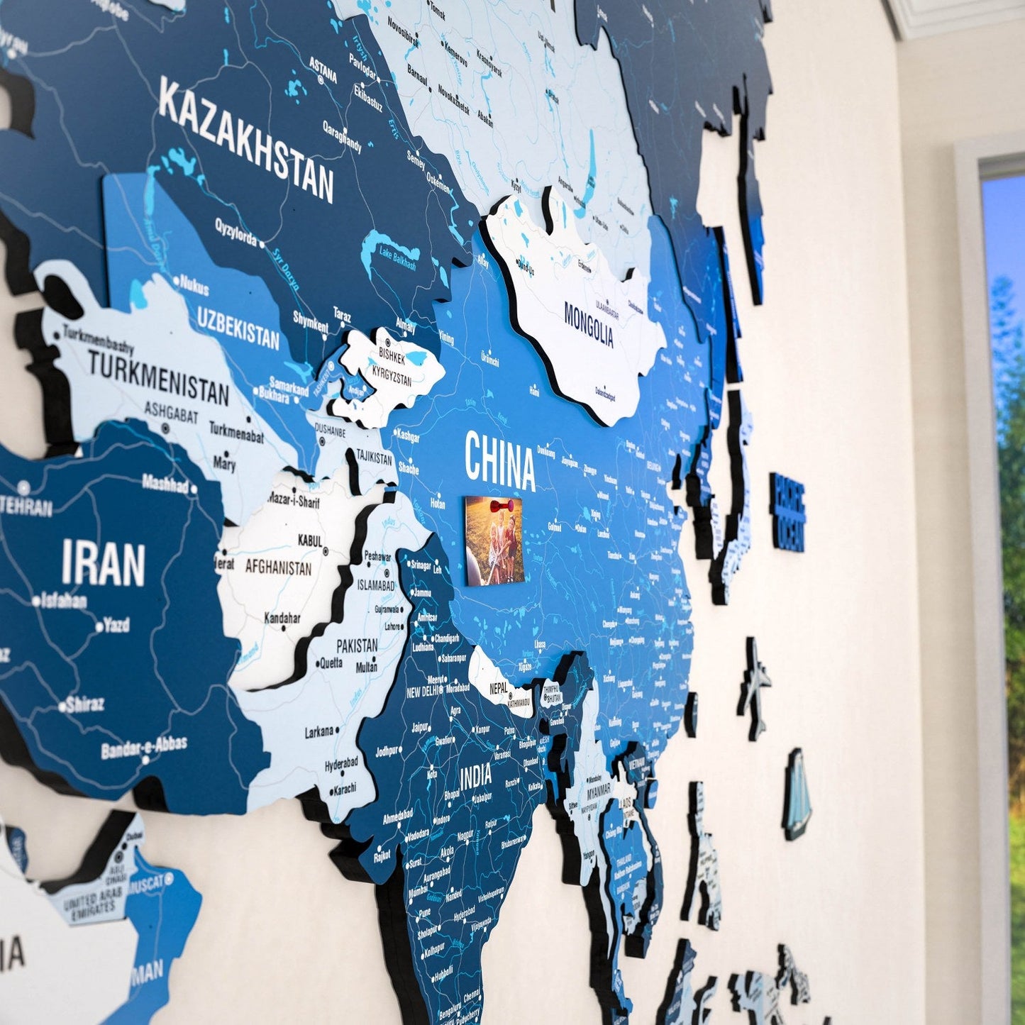 Wooden World Map with Pins - 3D & Vibrant Colors (Navy)