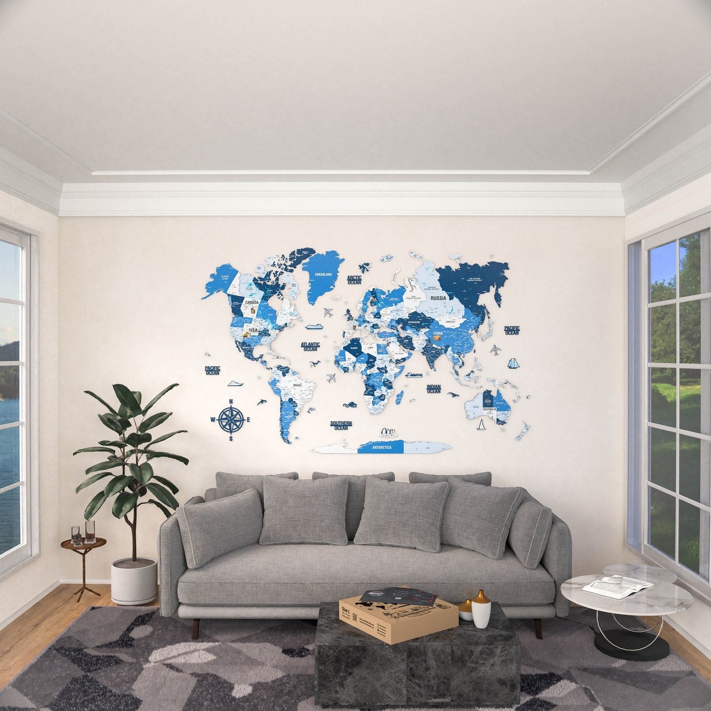 Wooden World Map with Pins - 3D & Vibrant Colors (Navy)