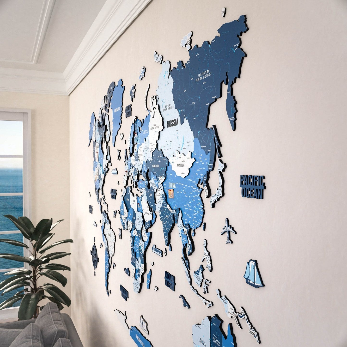 Wooden World Map with Pins - 3D & Vibrant Colors (Navy)