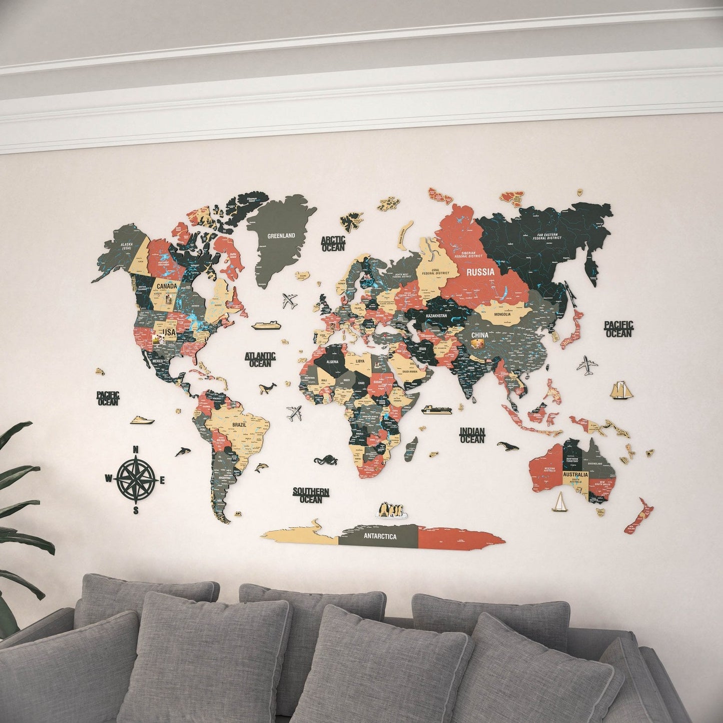 Map of the World Art for Wall - 3D & Vibrant Colors (Sage)