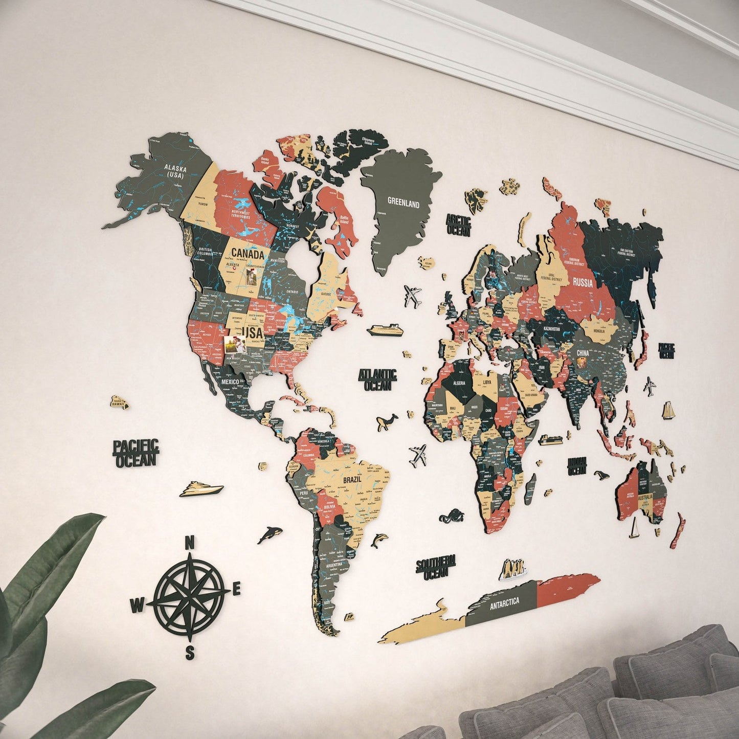 Map of the World Art for Wall - 3D & Vibrant Colors (Sage)