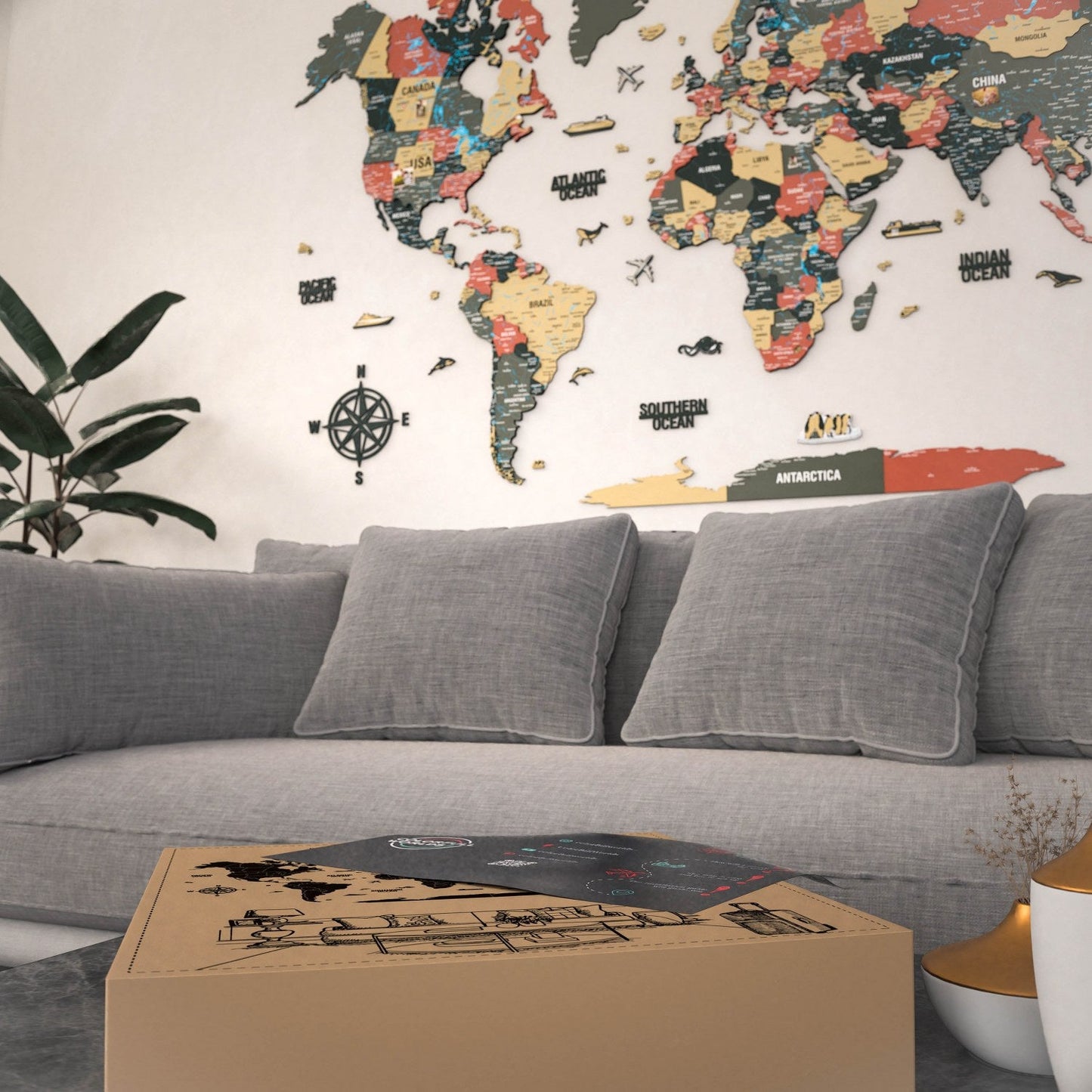 Map of the World Art for Wall - 3D & Vibrant Colors (Sage)
