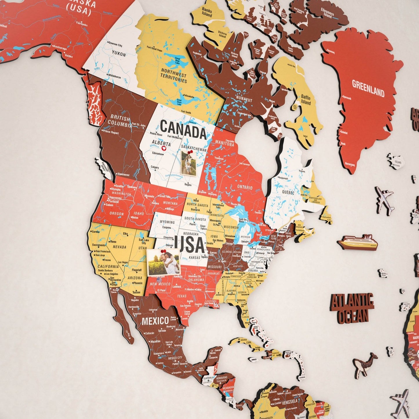 3D Wooden World Map - Vibrant Colors & Push Pins (Terracota)