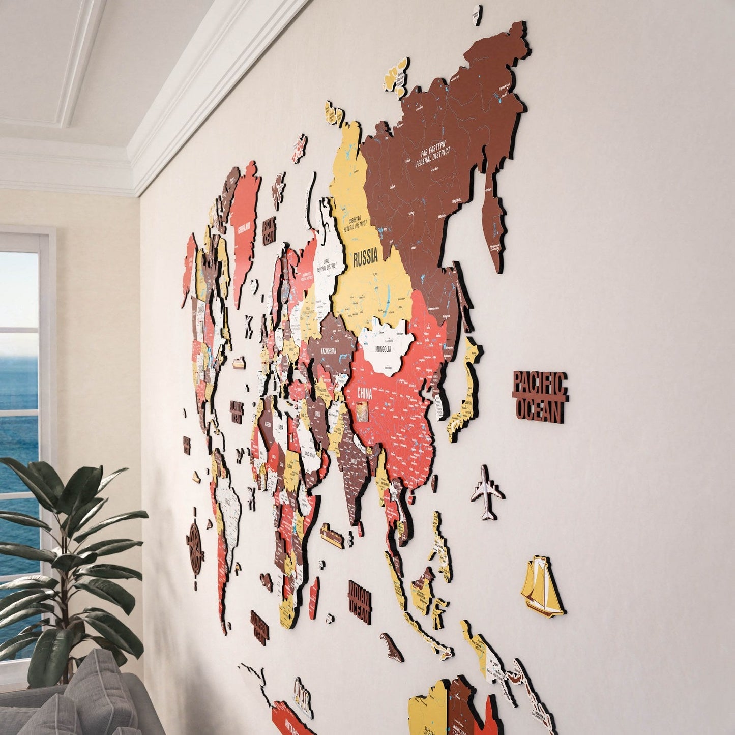 3D Wooden World Map - Vibrant Colors & Push Pins (Terracota)