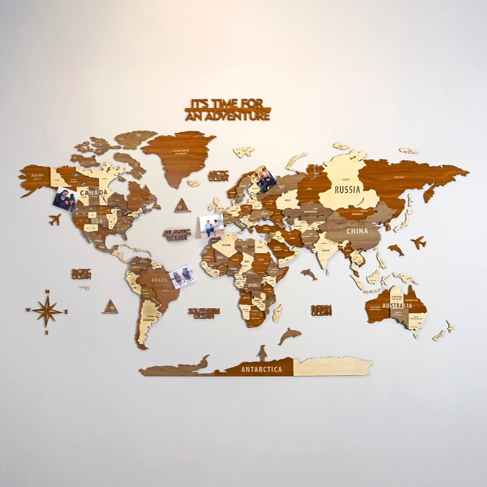 Wooden World Map Wall Art - 3d Wood Push Pin Maps, Multicolor