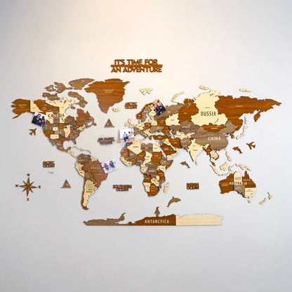 Wooden World Map Wall Art - 3d Wood Push Pin Maps, Multicolor