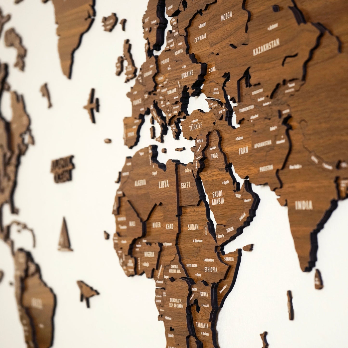 Wooden World Map for Wall - 3D Wood Push Pin Maps (Light Brown)