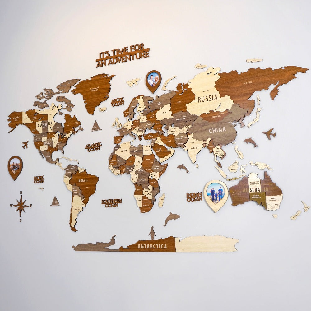Wooden World Map Wall Art - 3d Wood Push Pin Maps, Multicolor