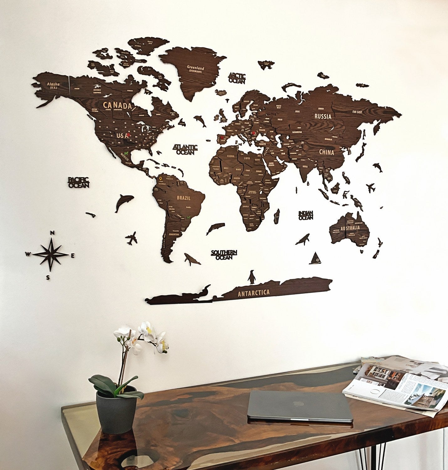 Wooden World Map Wall Decor - 3D Wood Push Pin Maps (Dark Brown)
