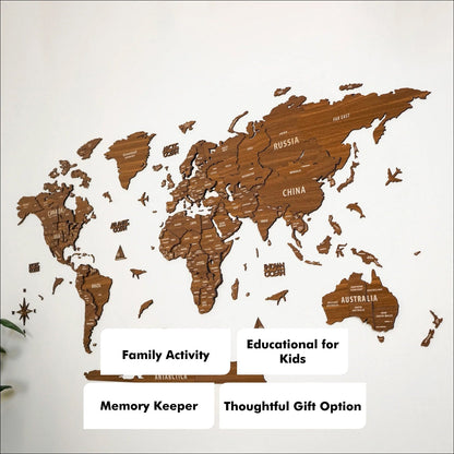Wooden World Map for Wall - 3D Wood Push Pin Maps (Light Brown)