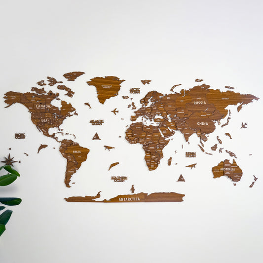 Wooden World Map for Wall - 3D Wood Push Pin Maps (Light Brown)