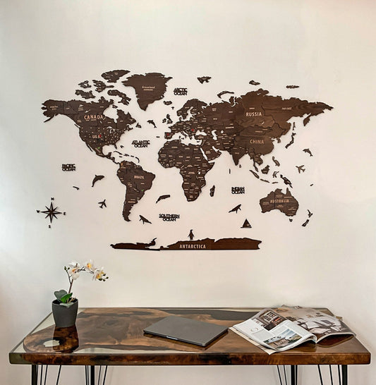 Wooden World Map Wall Decor - 3D Wood Push Pin Maps (Dark Brown)