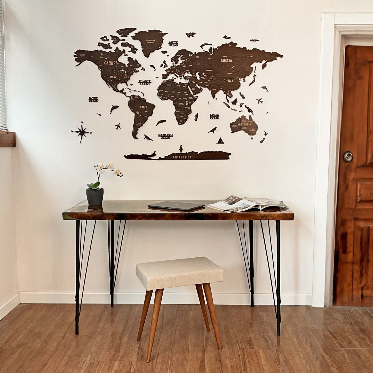Wooden World Map Wall Decor - 3D Wood Push Pin Maps (Dark Brown)