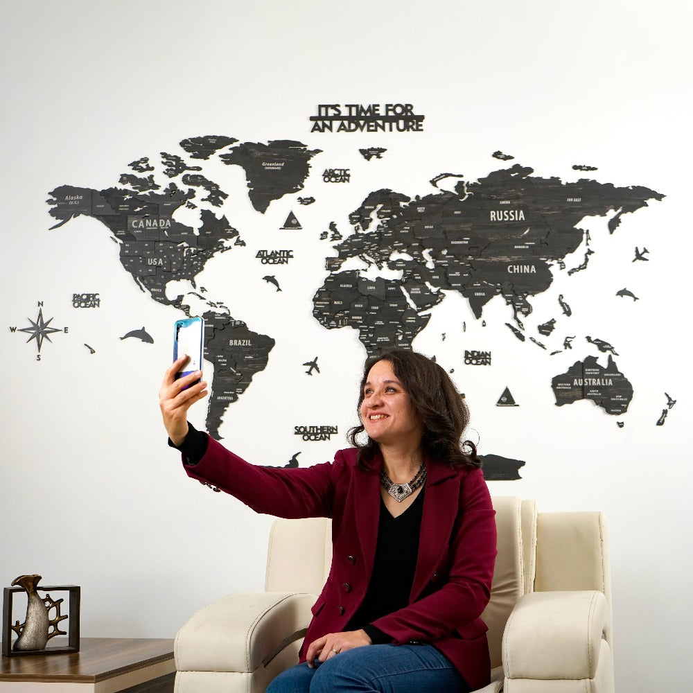 Wooden World Map with States - Push Pin 3D World Maps, Tuana Wood Wall Art