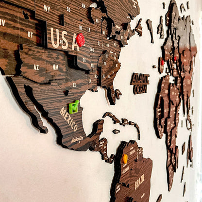 Wooden World Map Wall Decor - 3D Wood Push Pin Maps (Dark Brown)