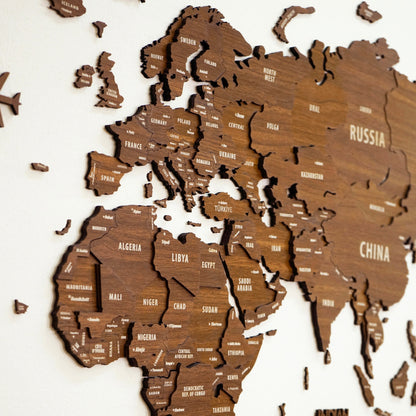 Wooden World Map for Wall - 3D Wood Push Pin Maps (Light Brown)