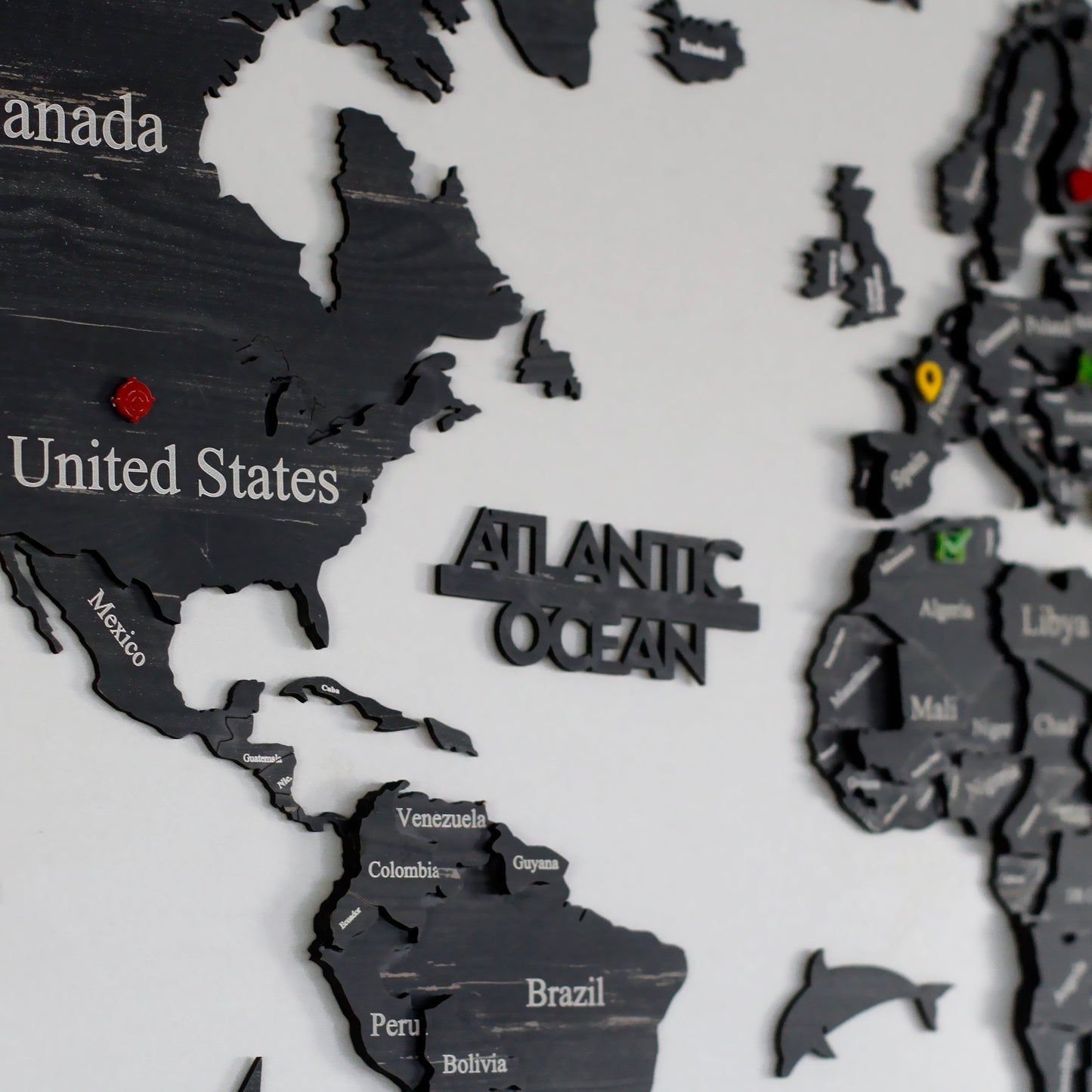 Wooden World Map with States - Push Pin 3D World Maps, Tuana Wood Wall Art