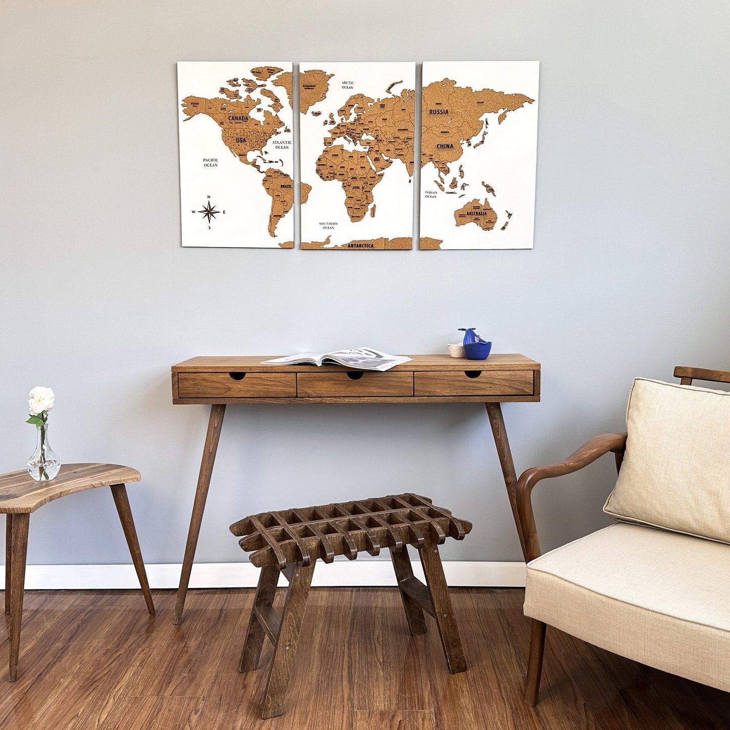 Wooden Cork World Map with Pins - Add Travel Photos (White)