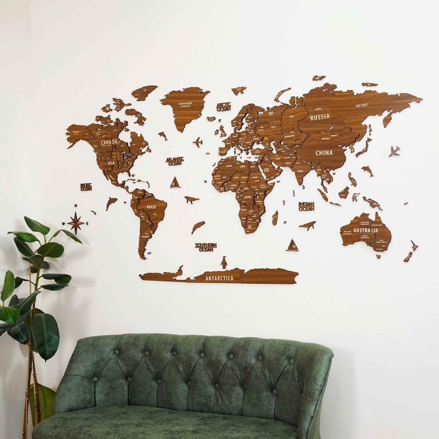 Wooden World Map for Wall - 3D Wood Push Pin Maps (Light Brown)