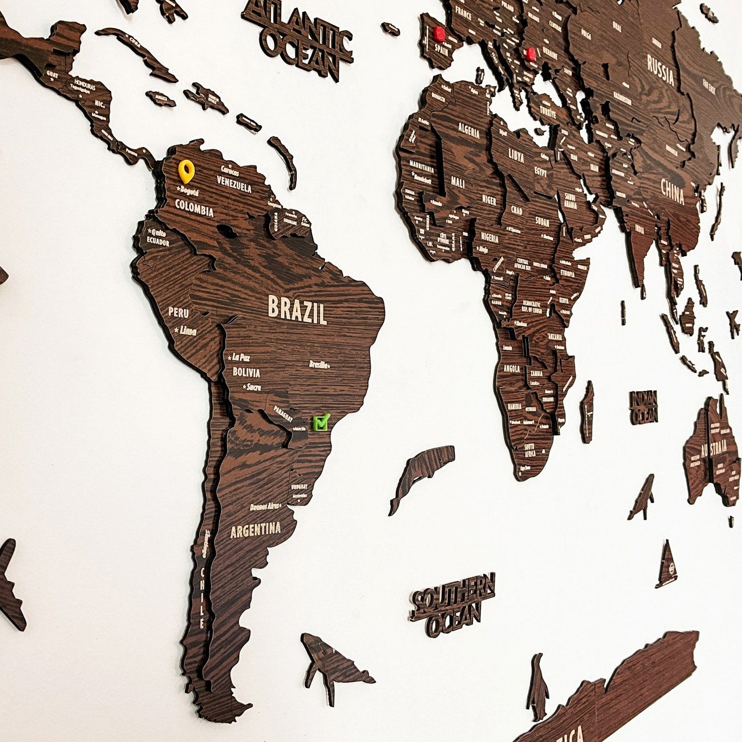 Wooden World Map Wall Decor - 3D Wood Push Pin Maps (Dark Brown)
