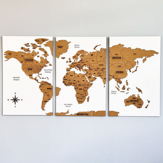 Wooden Cork World Map with Pins - Add Travel Photos (White)