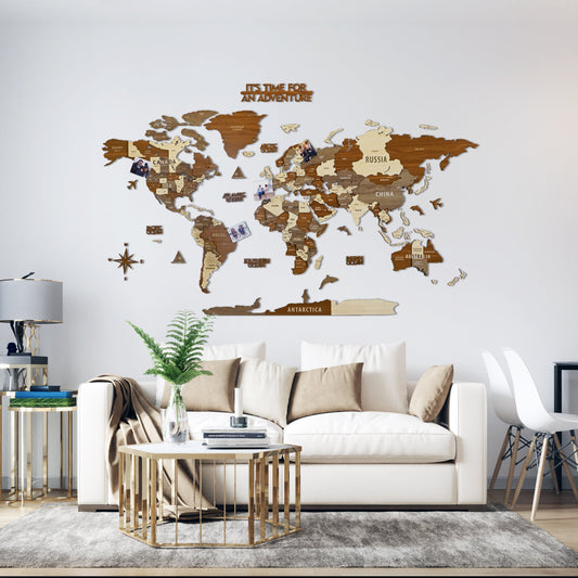 Wooden World Map Wall Art - 3d Wood Push Pin Maps, Multicolor