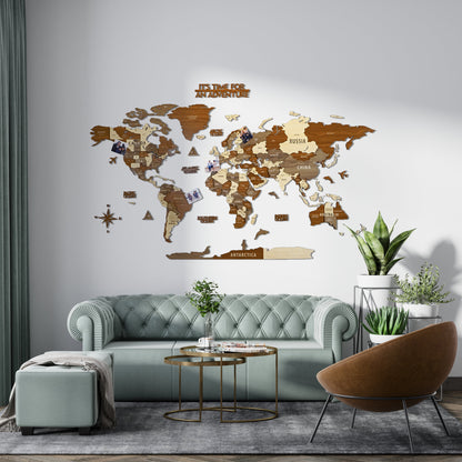 Wooden World Map Wall Art - 3d Wood Push Pin Maps, Multicolor